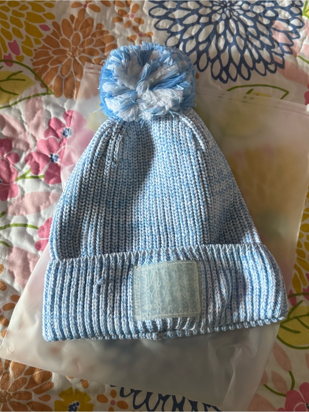 New love your melon blue / white pom Beanie